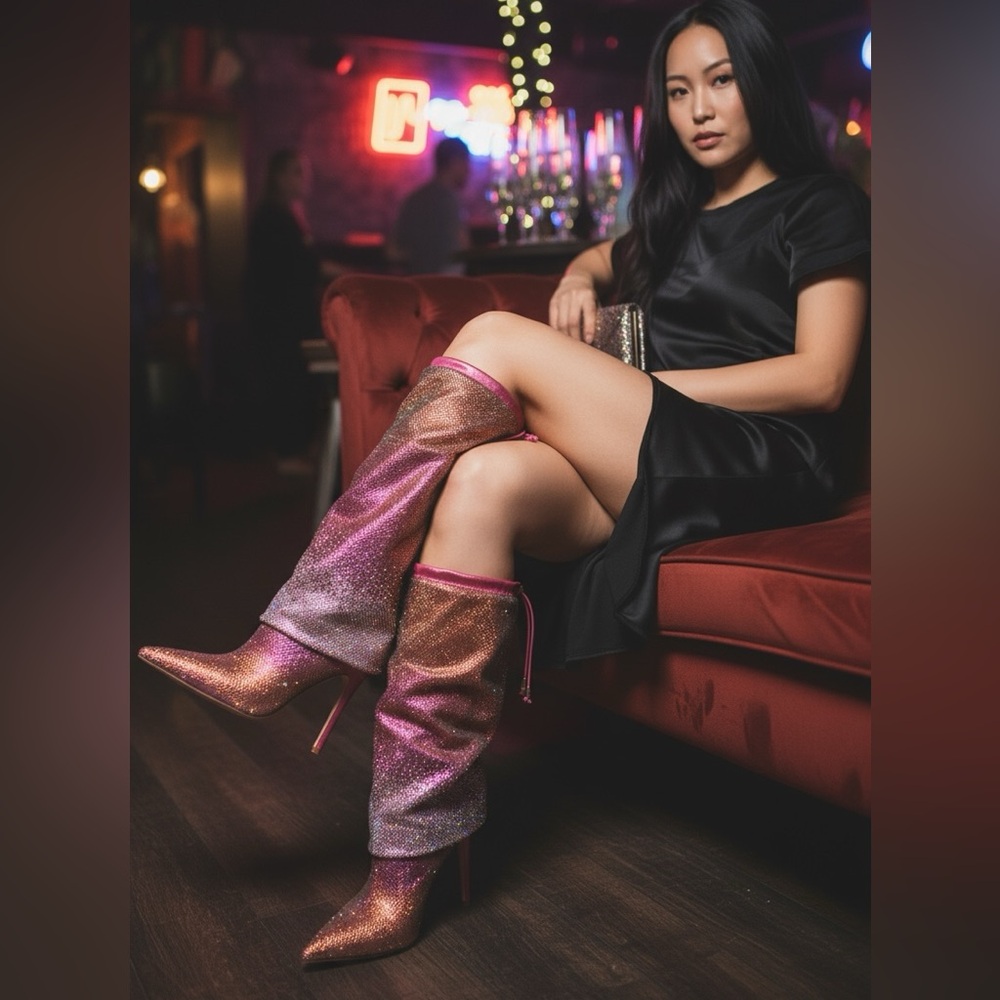 Azelea Wang  Pink Wishful Crystal Embellished Pointed Toe Boot